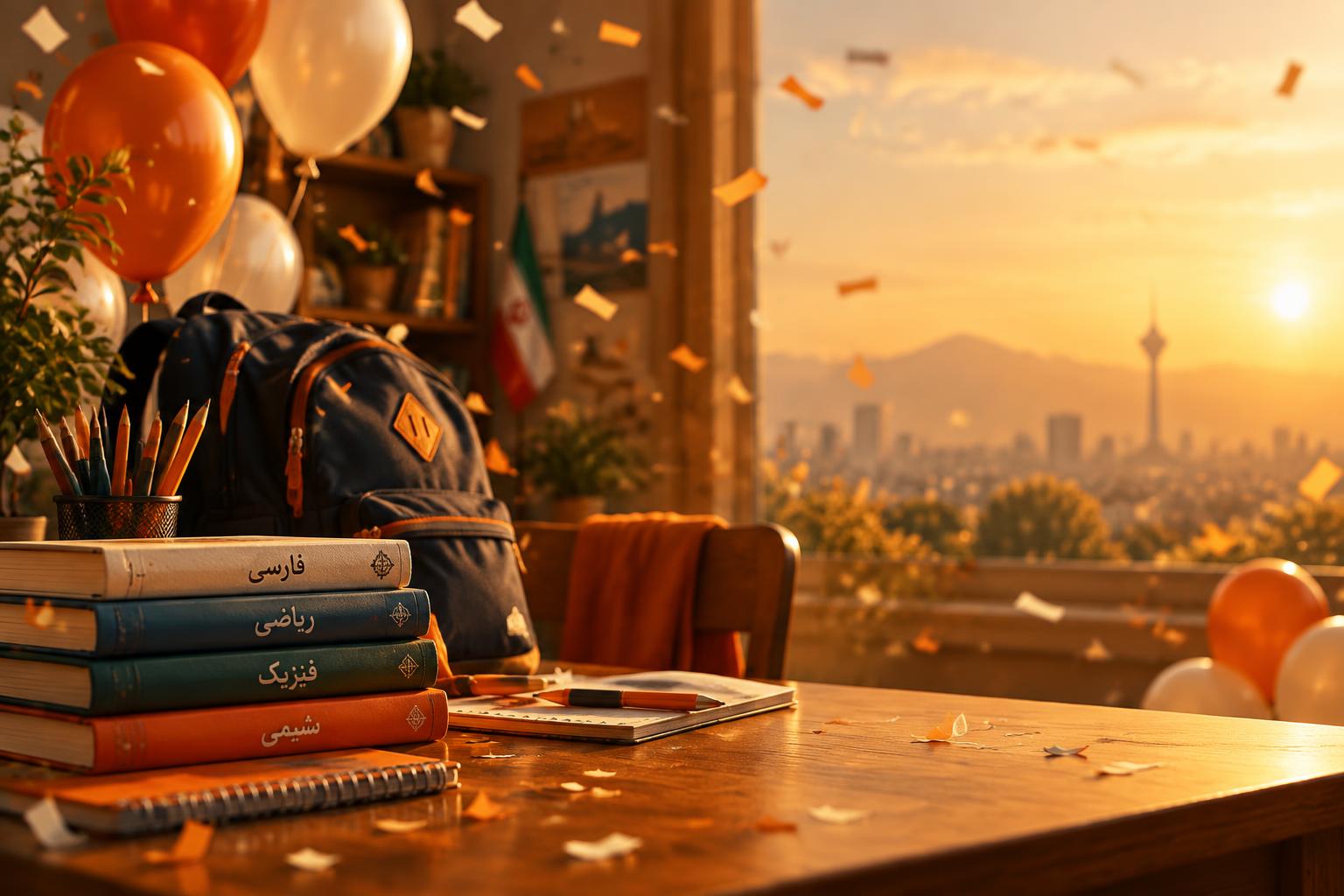 فضای مهمانی بازگشت به مدرسه با کوله، کتابها و بادکنکهای نارنجی
